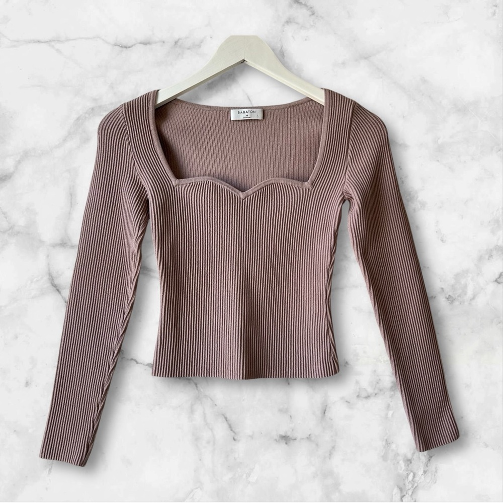 Aritzia Babaton Sculpt Knit Sweetheart Longsleeve Ribbed Top Wmn’s XS Mauve Pink